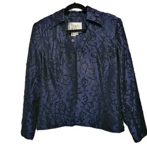 Vntg B'zar Jacquard Bead Embellished Blue Blouse Size 14 in Blue NWT